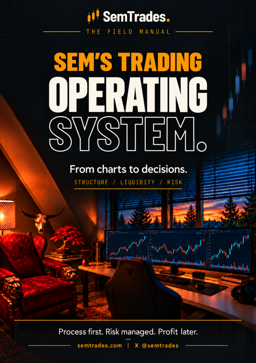 SemTrades field manual cover: Sem’s Trading Operating System, with the orange and blue trading room from Sem’s X banner.