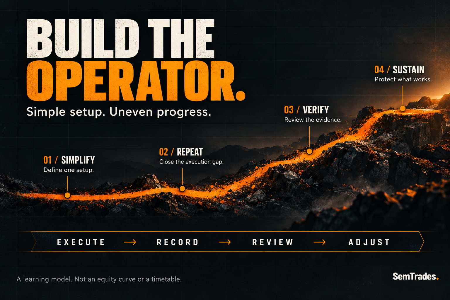 Build the operator: an uneven learning path through simplify, repeat, verify and sustain, supported by execute, record, review and adjust. A conceptual learning model, not an equity curve or a timetable.