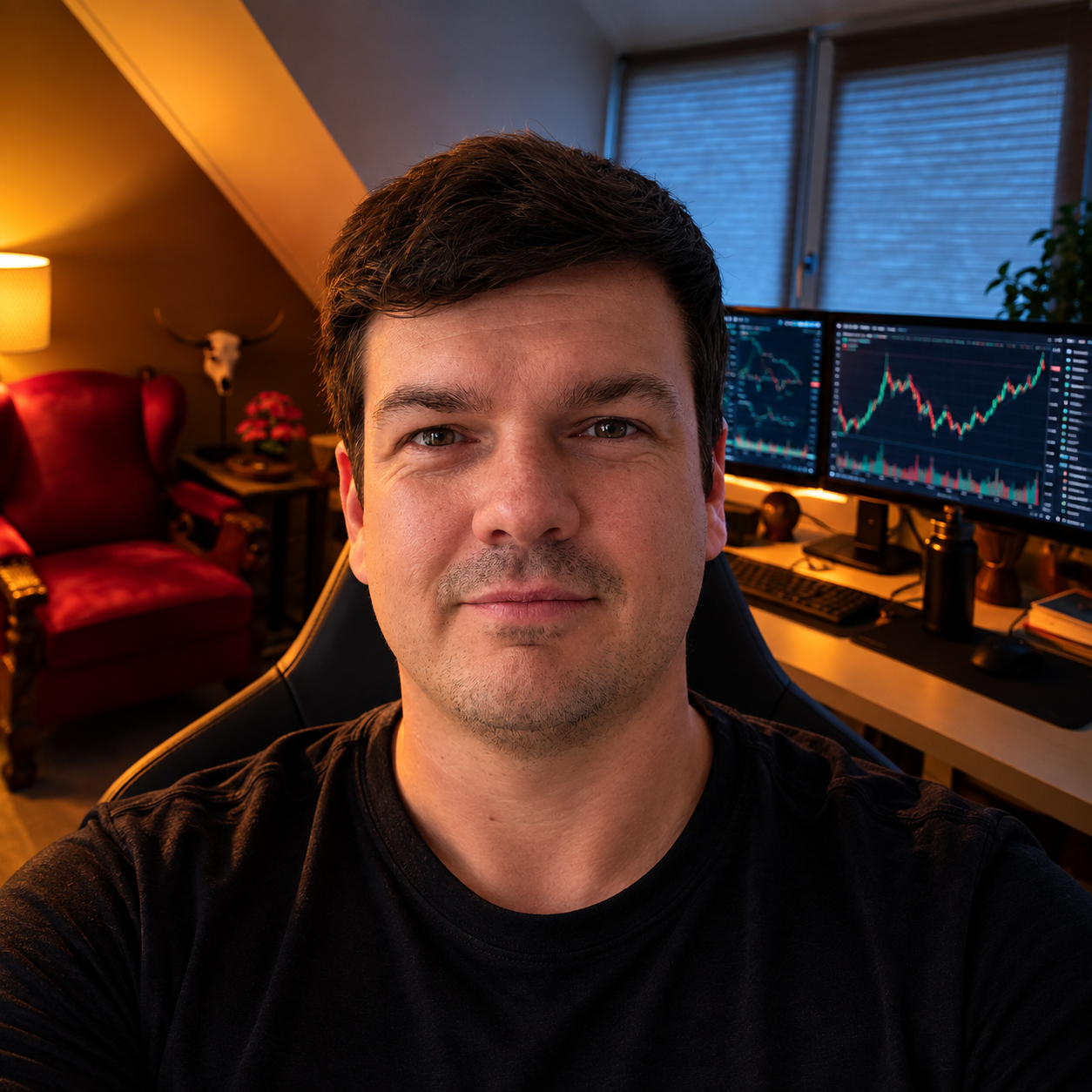 Sem in a black T-shirt, in his orange and blue SemTrades trading-room portrait.