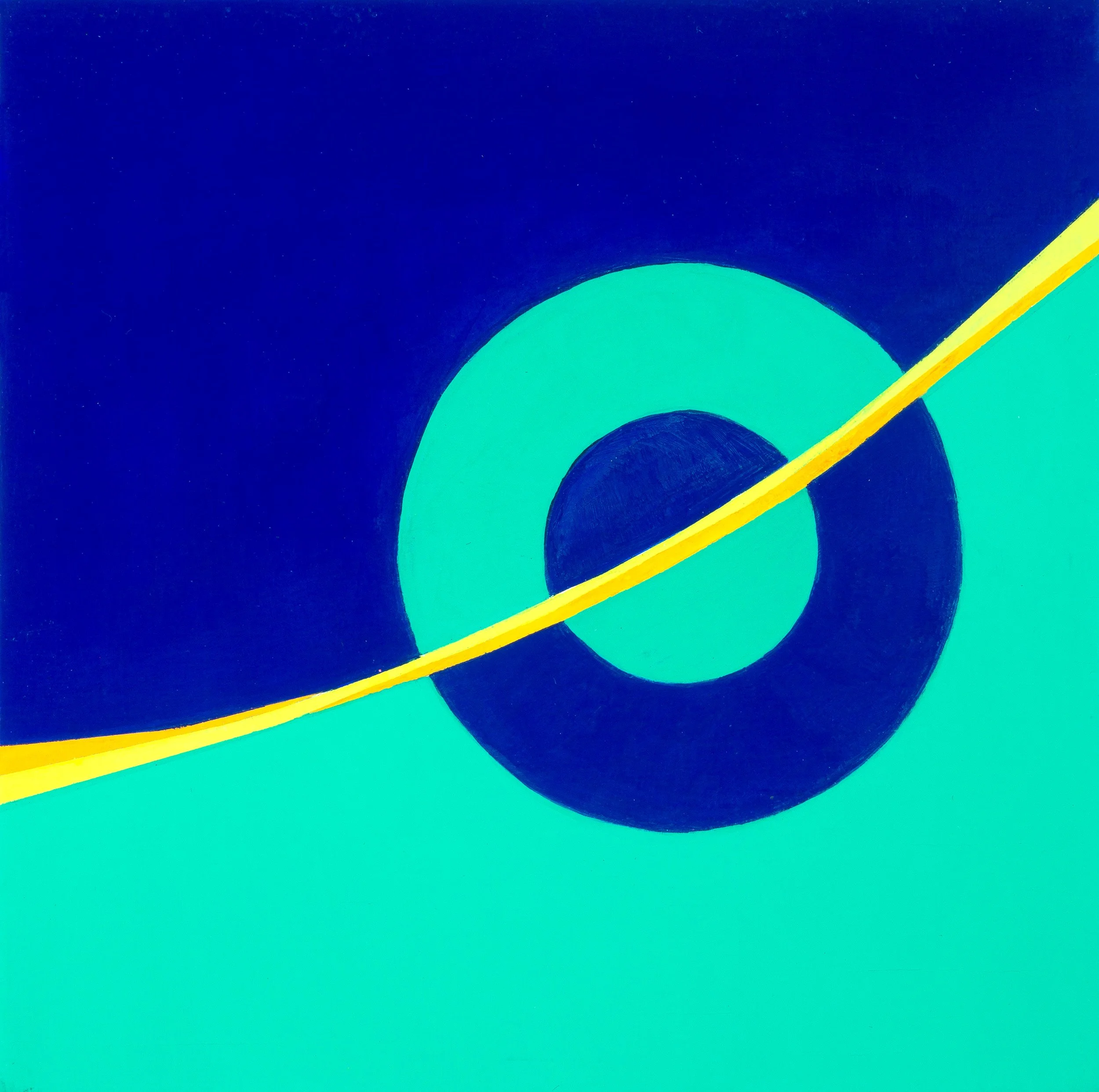 Abstract painting with blue and teal circular shapes, and a yellow diagonal stripe.