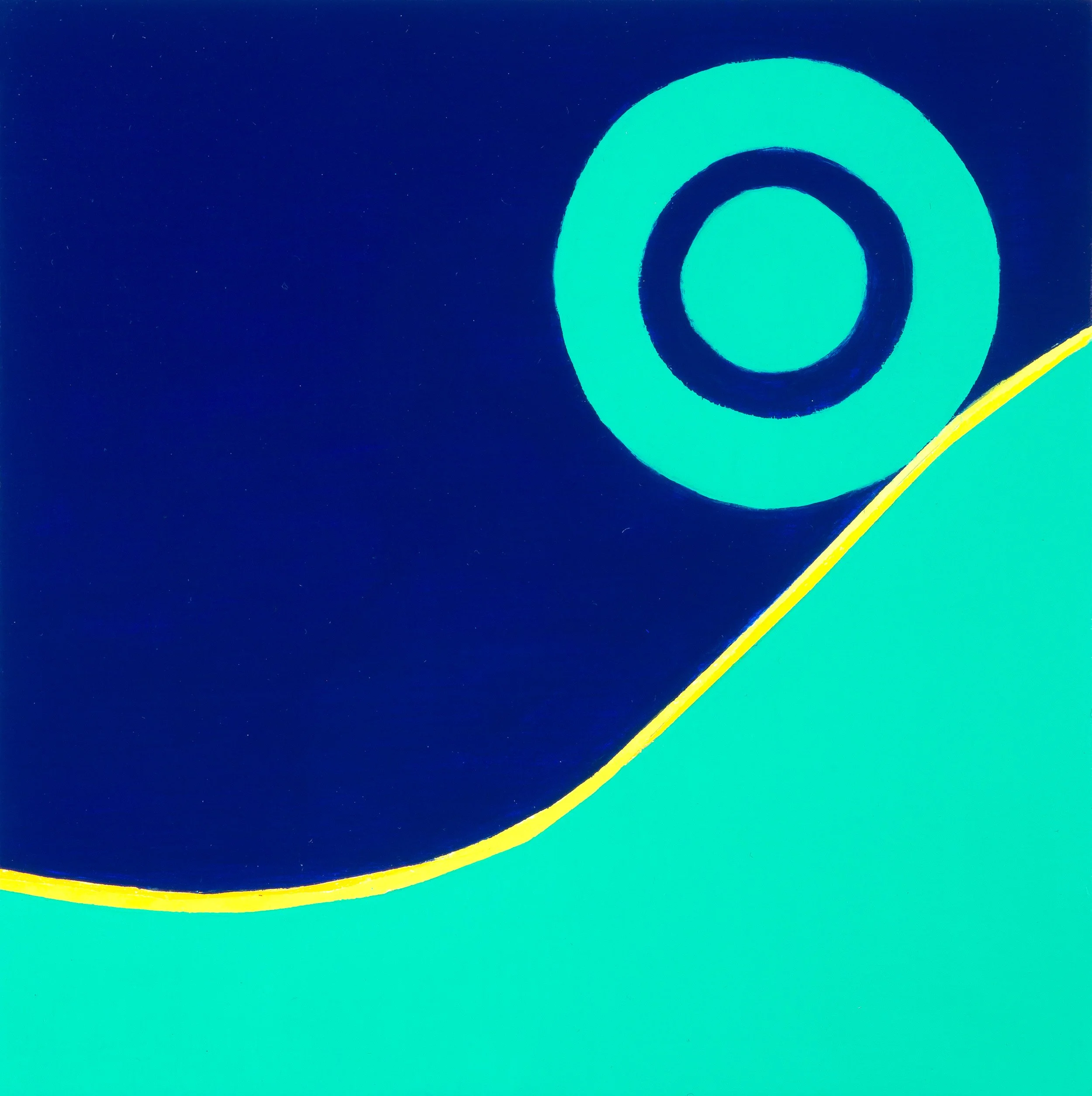 Abstract art with dark blue and turquoise shapes, including a circle and curved line, separated by a thin yellow line.