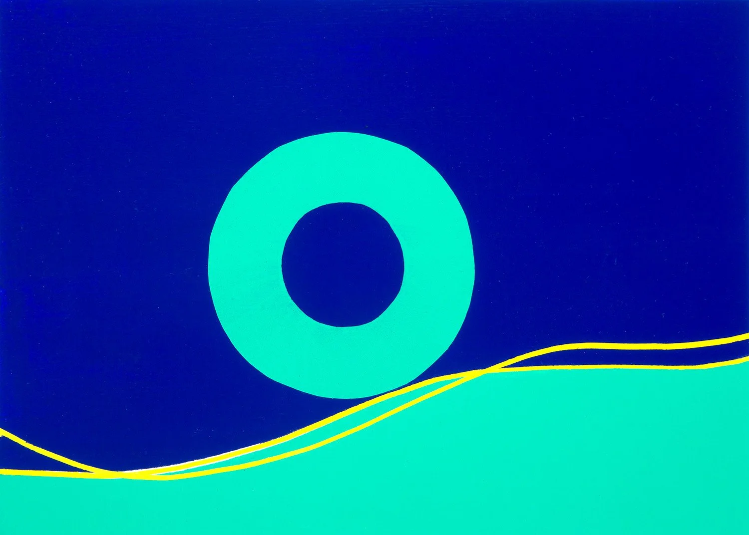 Small geometric abstract painting by Paula Cahill featuring a turquoise circle on a deep blue background with linear gradient lines along the lower edge.