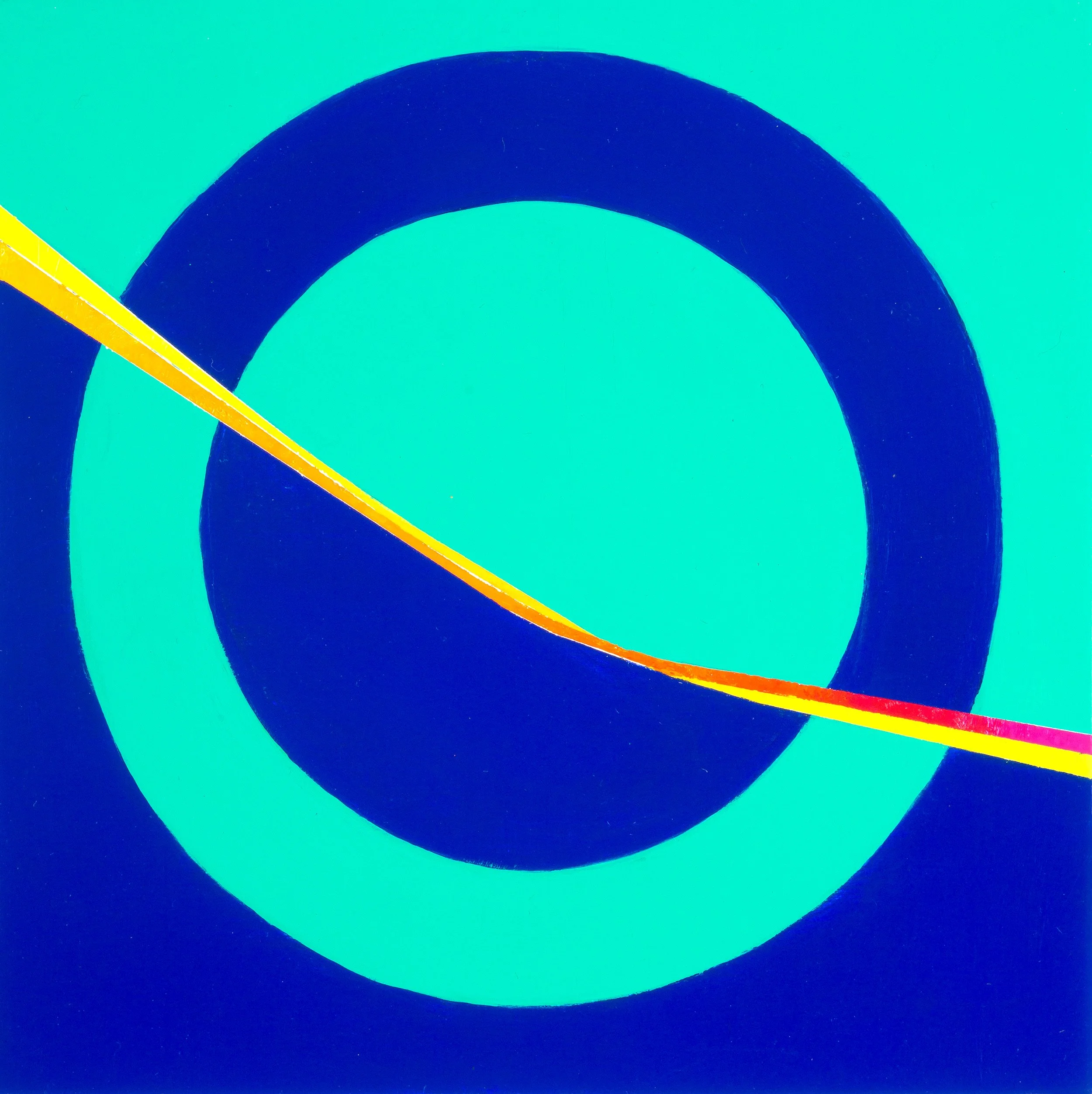 Abstract art with a blue circle on a teal background, intersected by a diagonal orange and yellow line.