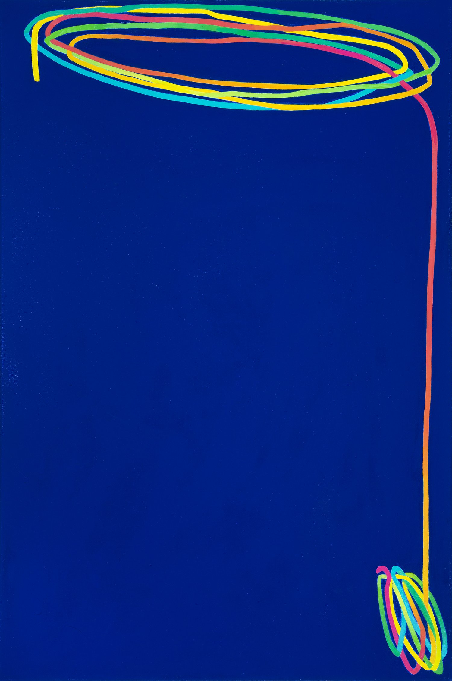 Abstract painting with colorful loops on a blue background.