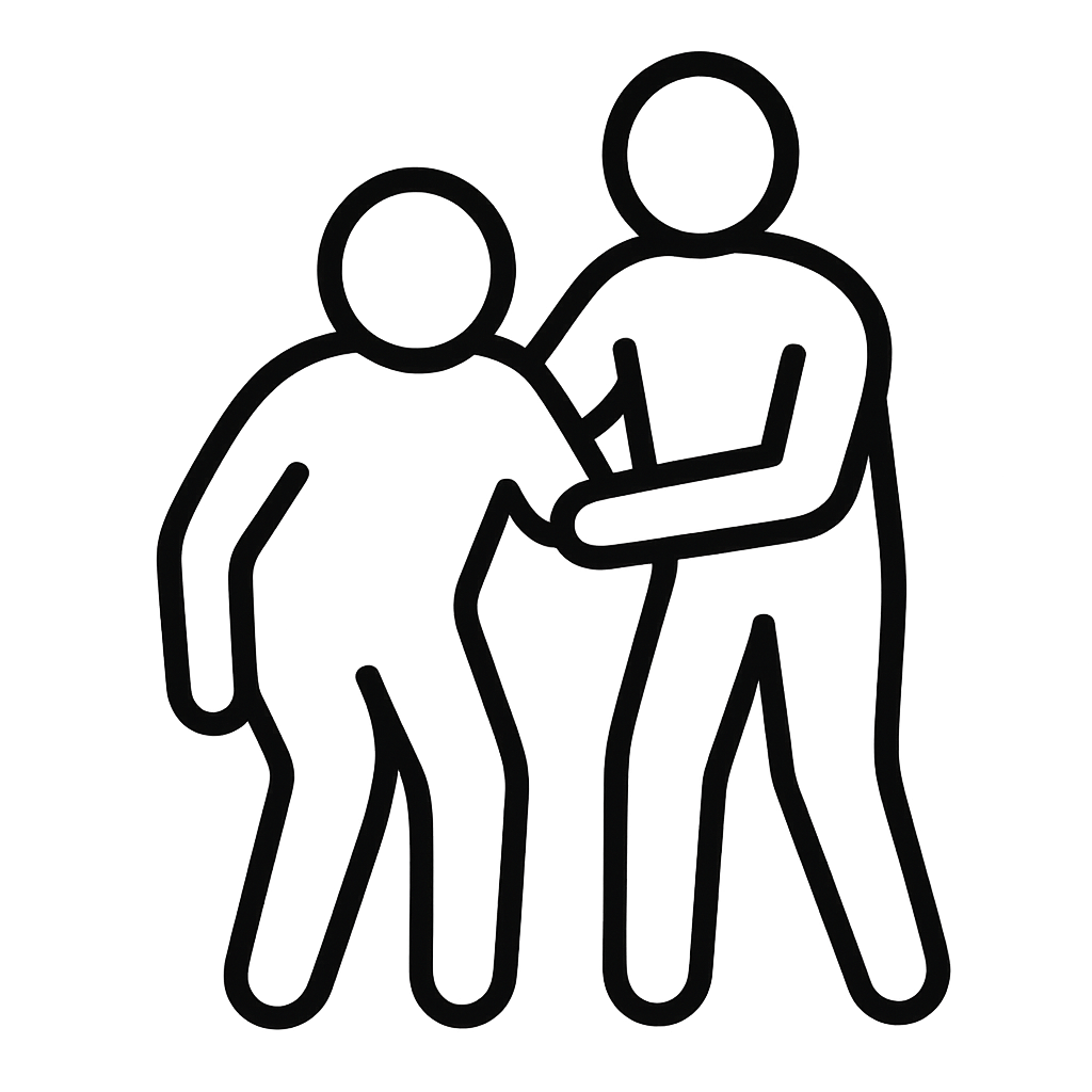 Minimalist black outline icon showing one person closely supervising and assisting another, representing re-vite 1-to-1 support in care settings
