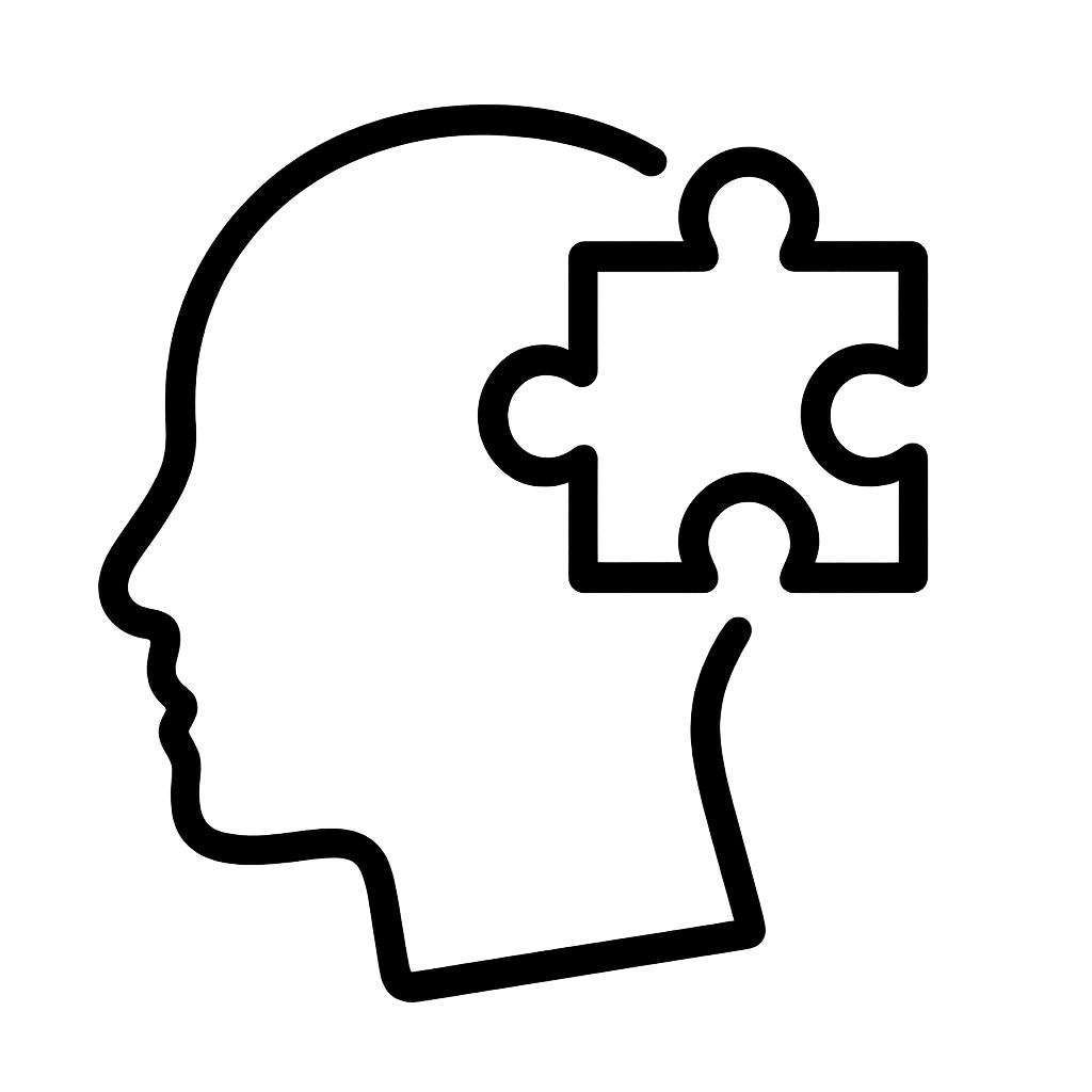 Minimalist black outline icon of a human head with a puzzle piece, symbolising autism and learning disability support by re-vite Healthcare. Optimised for accessibility, care services, and specialist 1:1 support.