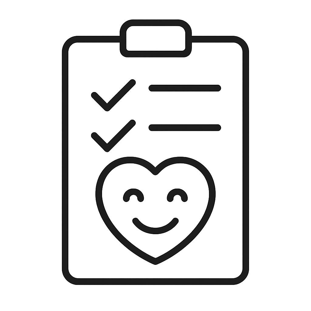clipboard with checkmark and smiley heart icon – daily wellbeing calls or visits by Re-vite