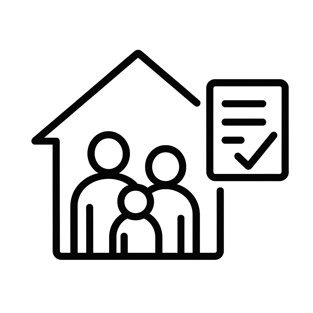 Icon of a carer supporting two individuals in a house – representing tailored home care for families and private clients - re-vite