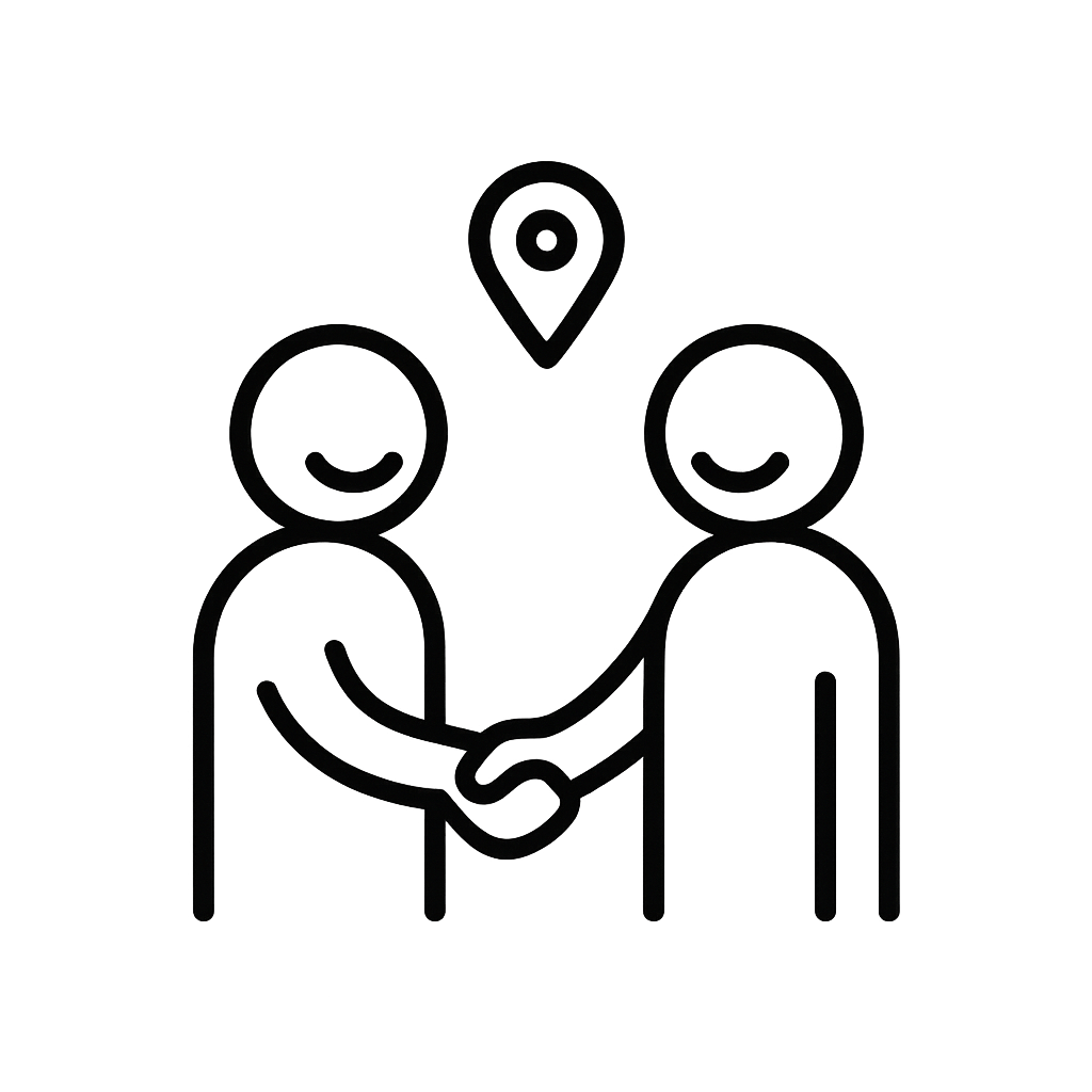 Minimalist black outline icon of two smiling people shaking hands with a location pin above them, symbolising consistent local carers you can build a bond with – re-vite Healthcare