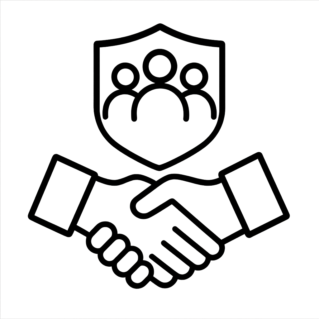 outline of hands shaking and shield to represent the trust in re-vite by local councils and care providers and hospitals