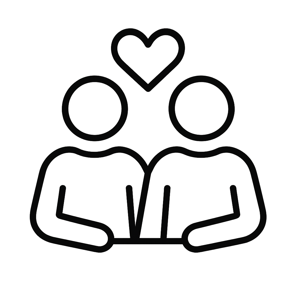 Two people sitting side by side with a heart above them symbolising companionship and emotional support