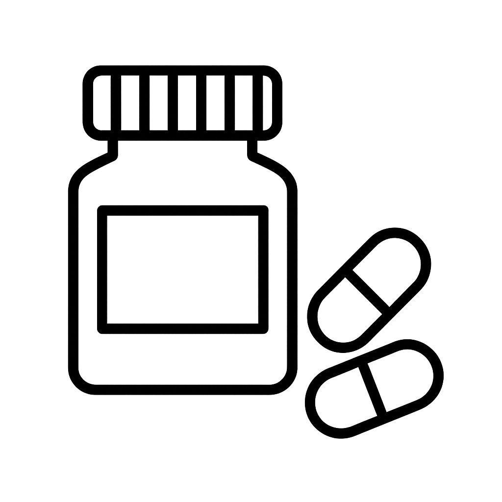 Pill bottle and capsule icon – representing medication reminders or administration by trained carers - re-vite