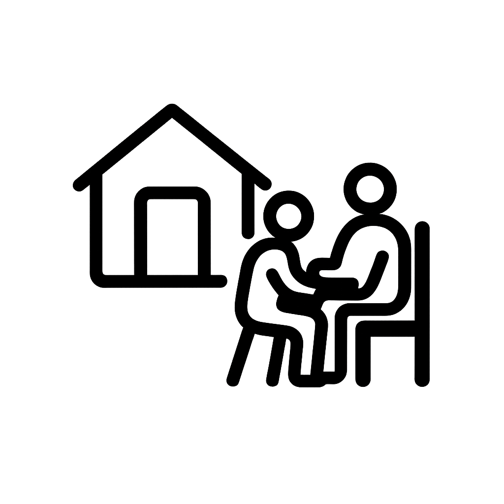 Silhouette of two people sitting at a table outside a house with a garage, exchanging dishes.