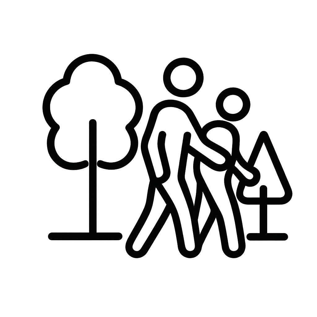 An black outline of a person assisting another person walking outdoors to represent re-vite healthcare's community access support