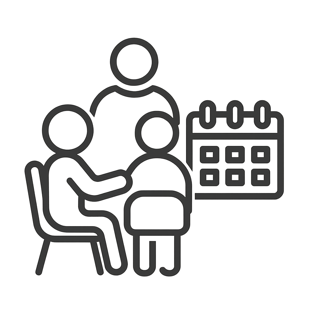 Line drawing of three people in a meeting with a calendar behind them.