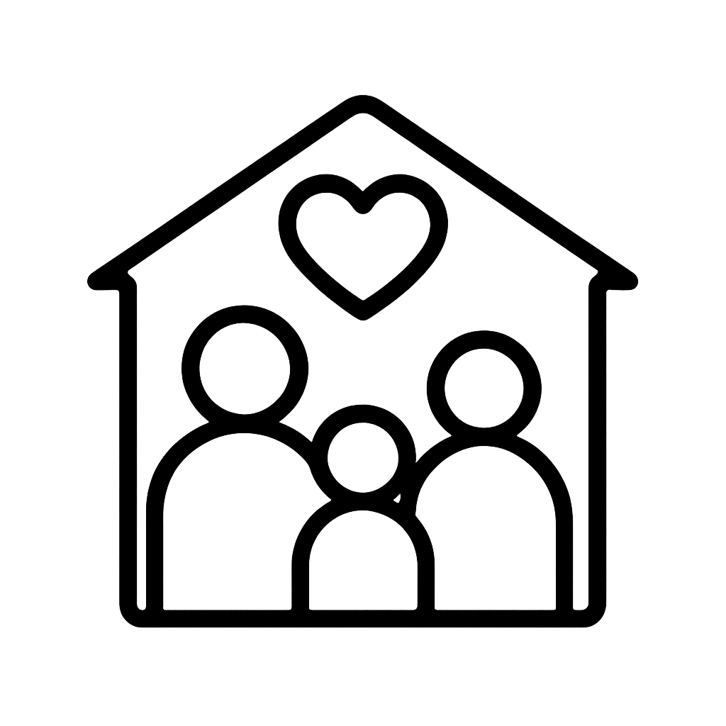 Outline illustration of a house with three people inside and a heart above.