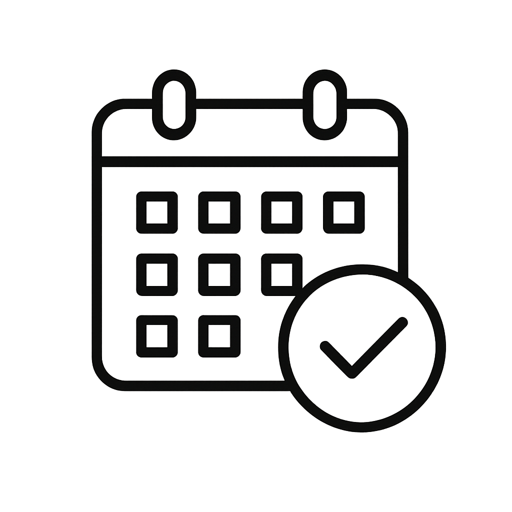 Minimalist black line icon showing a calendar and clock to represent re-vite’s flexible care options, including last-minute and long-term support bookings.
