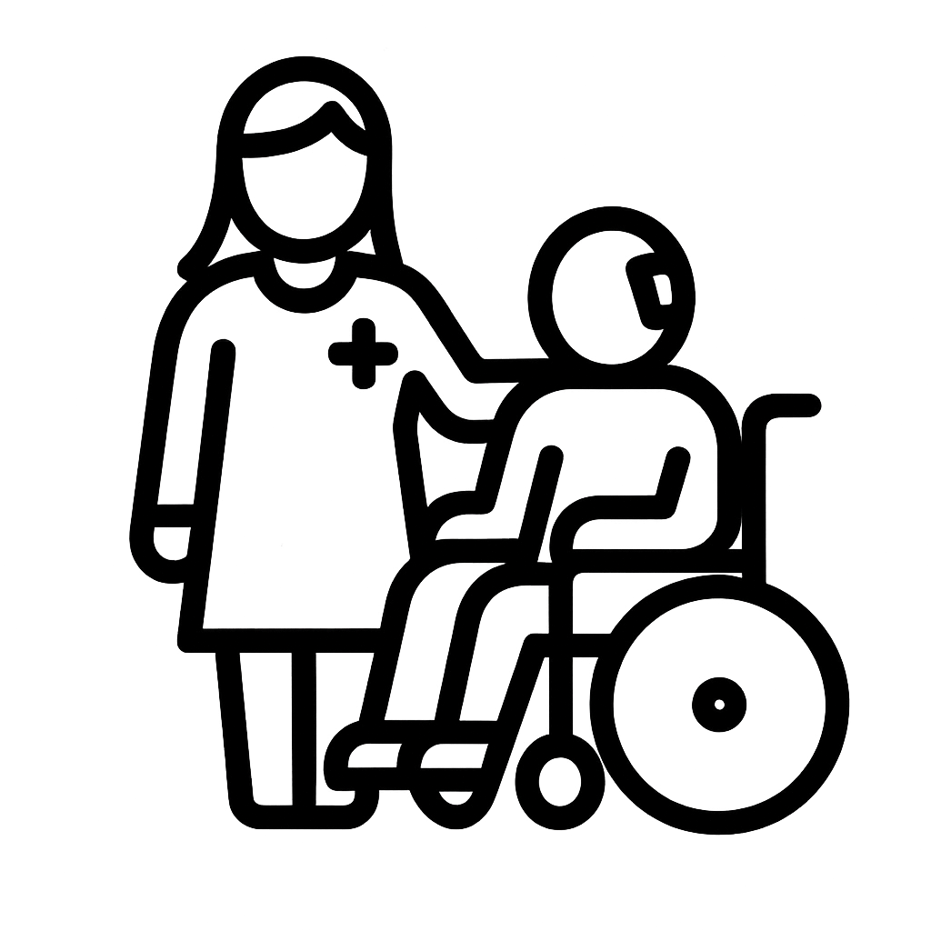 outline of nurse helping disabled person- re-vite staff are experienced and compassionate