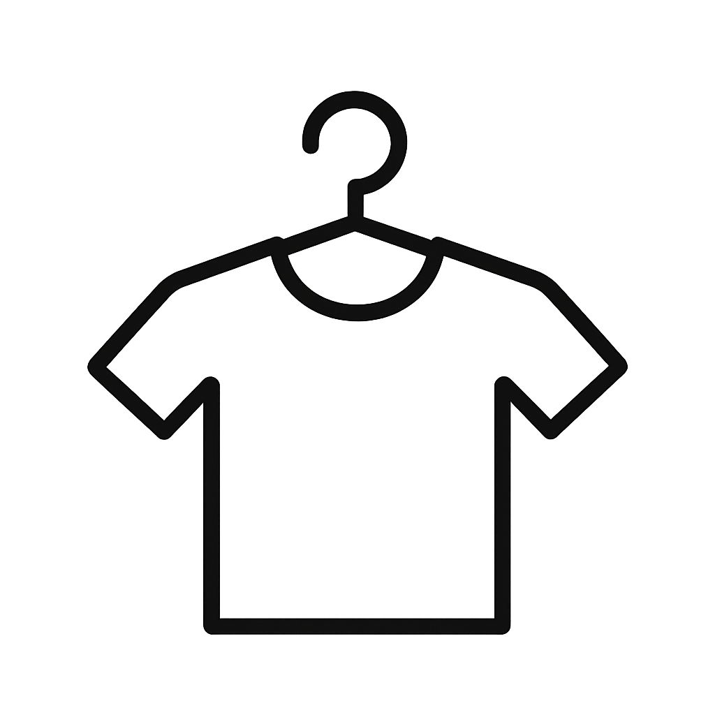 Black outline icon of a t-shirt hanging on a clothes hanger representing dressing support.