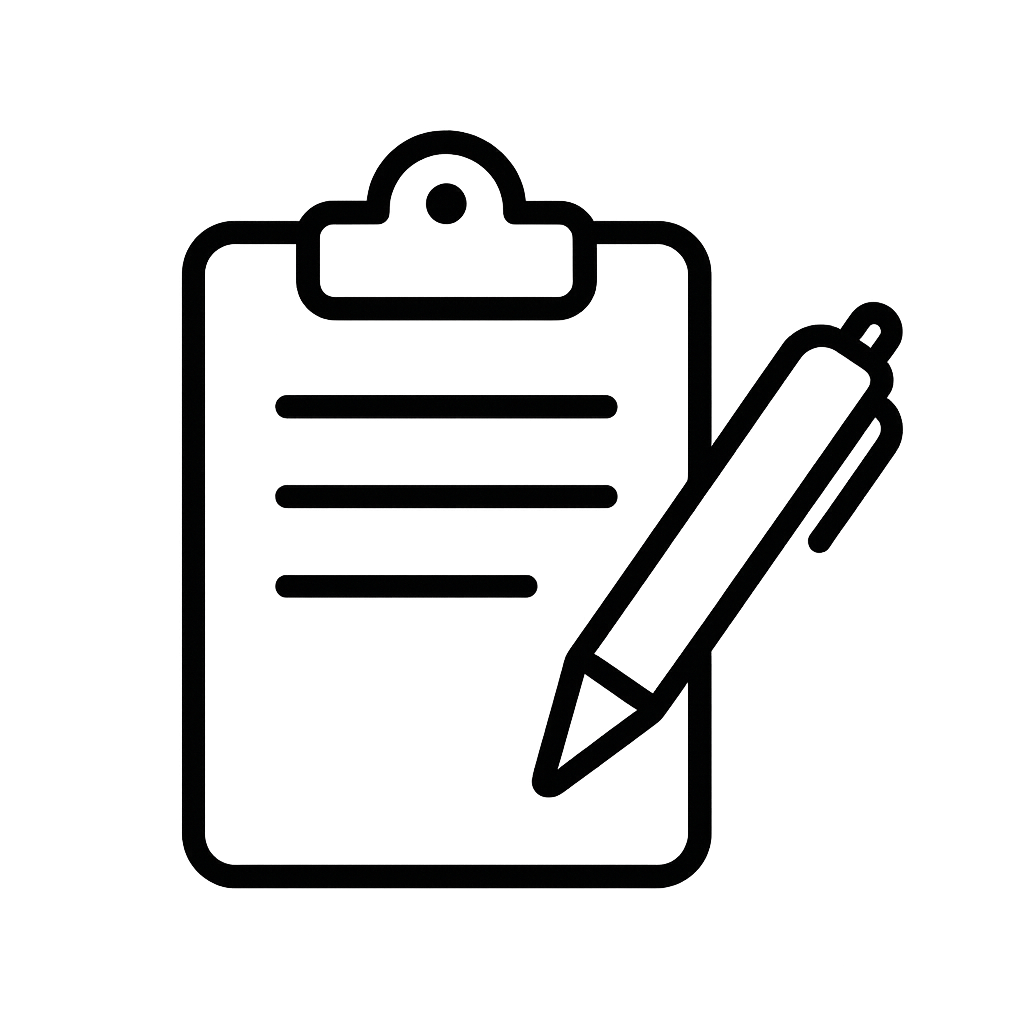 Minimalist black outline PNG icon of a clipboard and pen, ideal for representing documentation, detailed handover notes, and professional record-keeping for healthcare and support services. Transparent background for seamless web use.