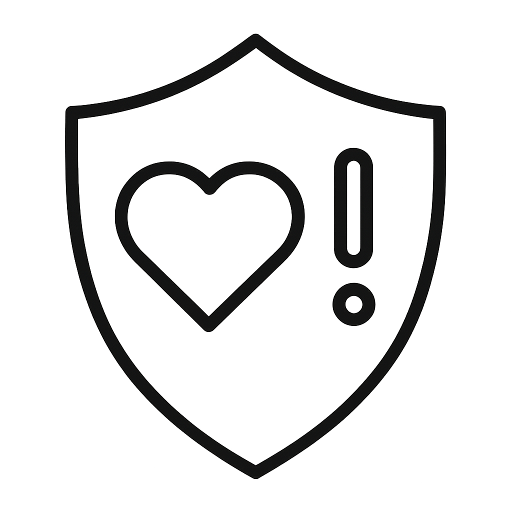A minimalist shield icon with a heart symbol, representing re-vite’s safeguarding-focused interventions. Used to highlight safe, trusted care delivery for vulnerable individuals. Black outline, transparent background.