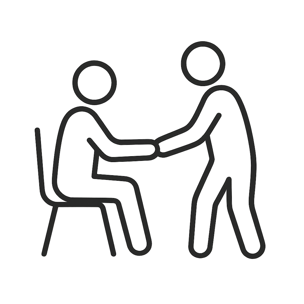 Neon outline of two people shaking hands; one seated and one standing.