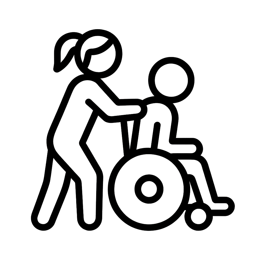 A black outline of a carer pushing a wheelchair to represent re-vite healthcare's complex needs and personal care one to one support service