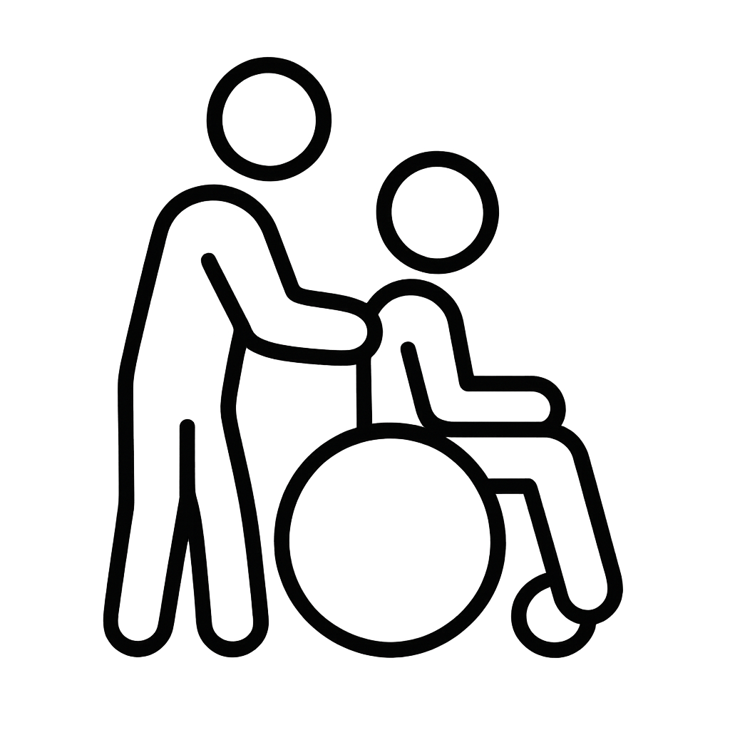 Black outline drawing of a caregiver assisting a person in a wheelchair, set against a gray background.
