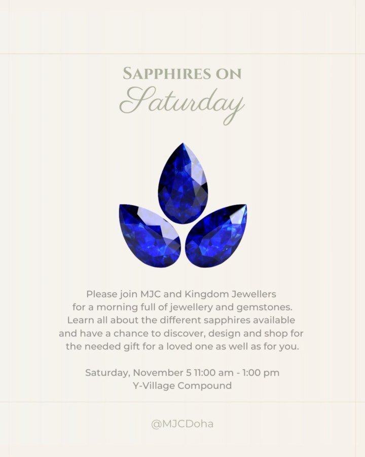 Here are the details for Sapphires on Saturday&hellip; 

Date: Saturday, November 5 

Time: 11:00 am until 1:00 pm

Where: Y Village Compound 

What: A lovely morning full of jewellery and gemstones. Attendees will get up close and personal with jewe