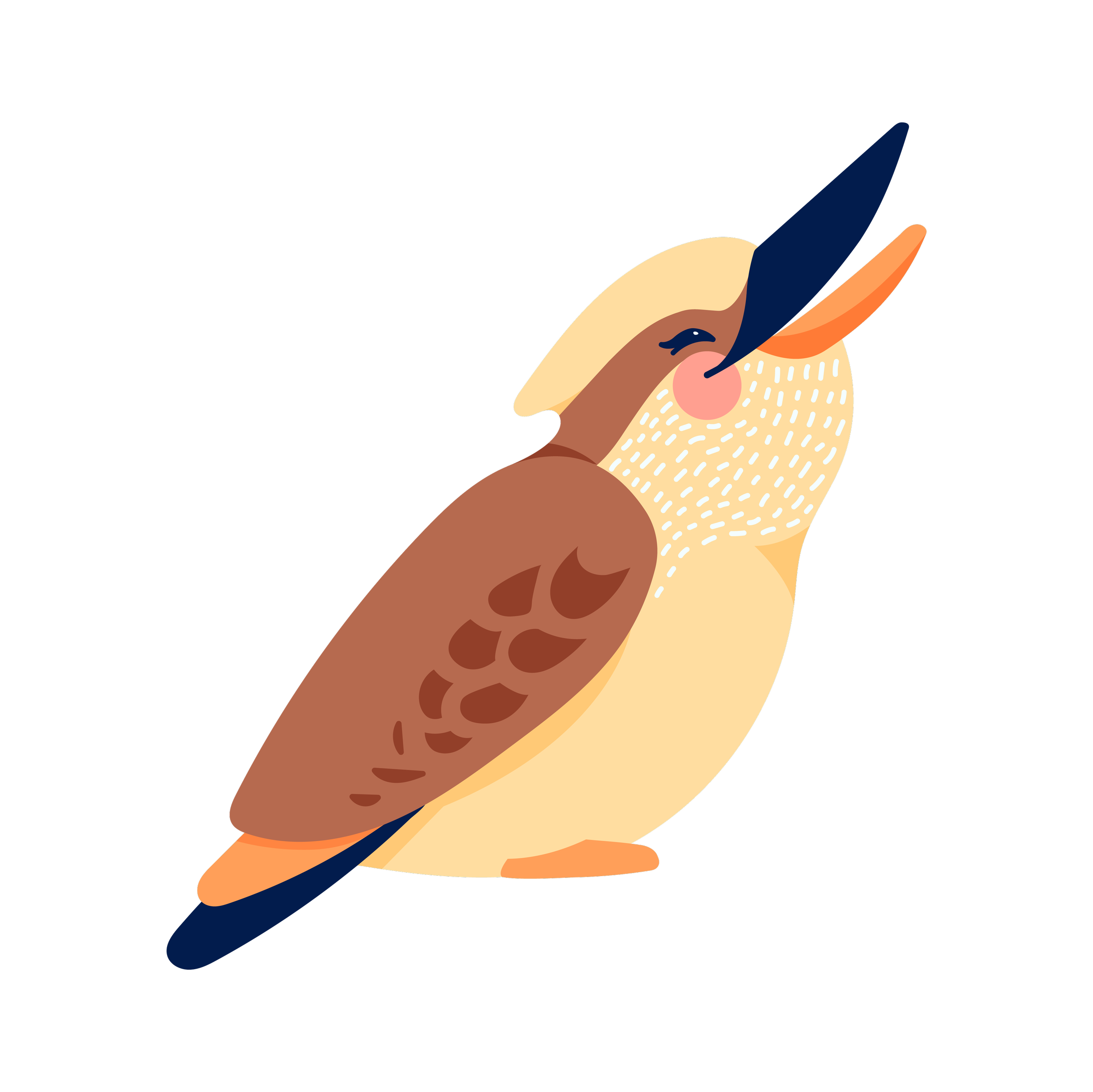 Illustration of a puffin bird with colorful feathers, beak open, facing to the right.