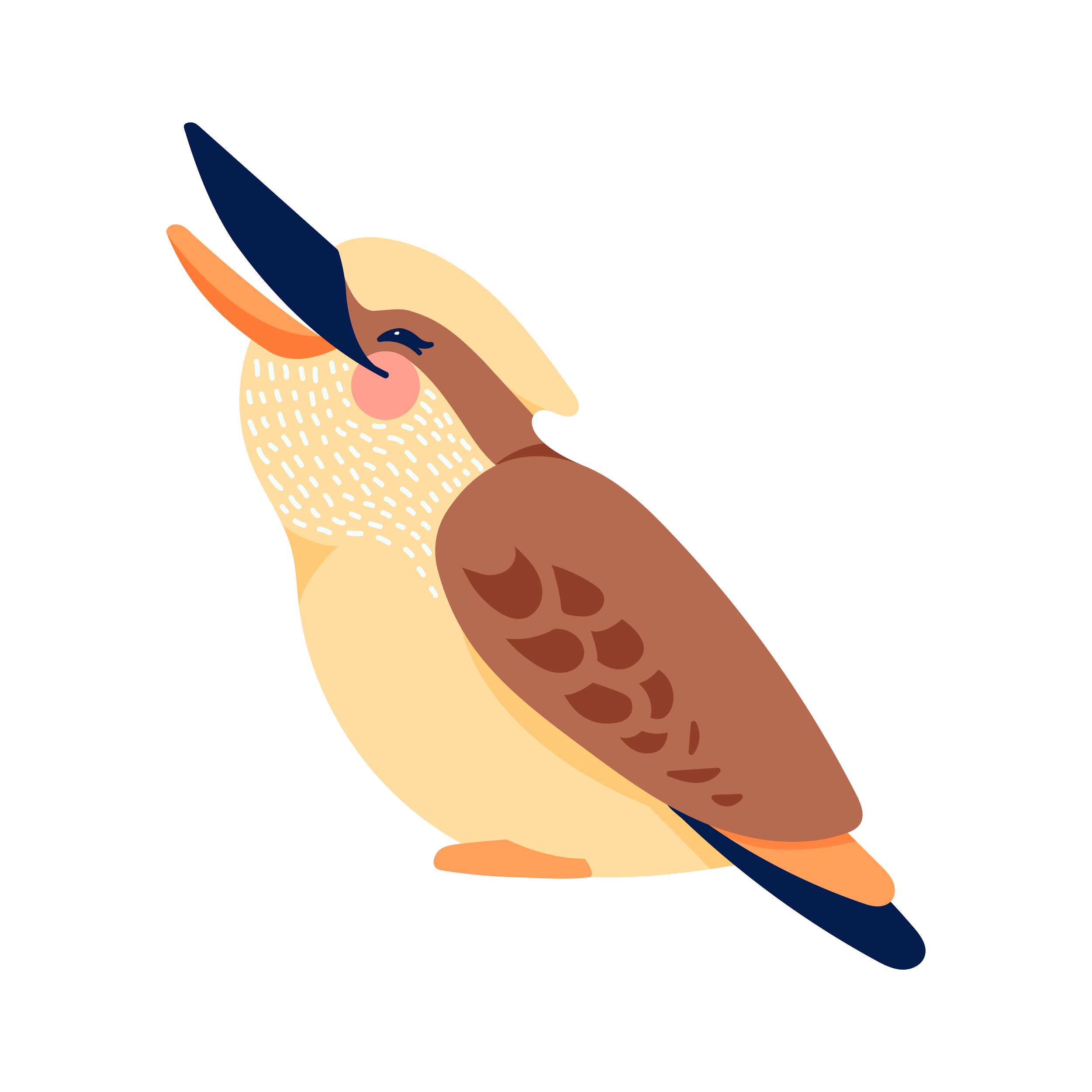 Digital illustration of a stylized brown and cream bird with a large blue beak, pink cheek, and dark eye, sitting with its eyes closed.