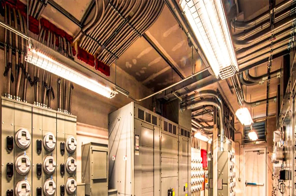 A newly installed industrial electrical switchboard in a dedicated utility room
