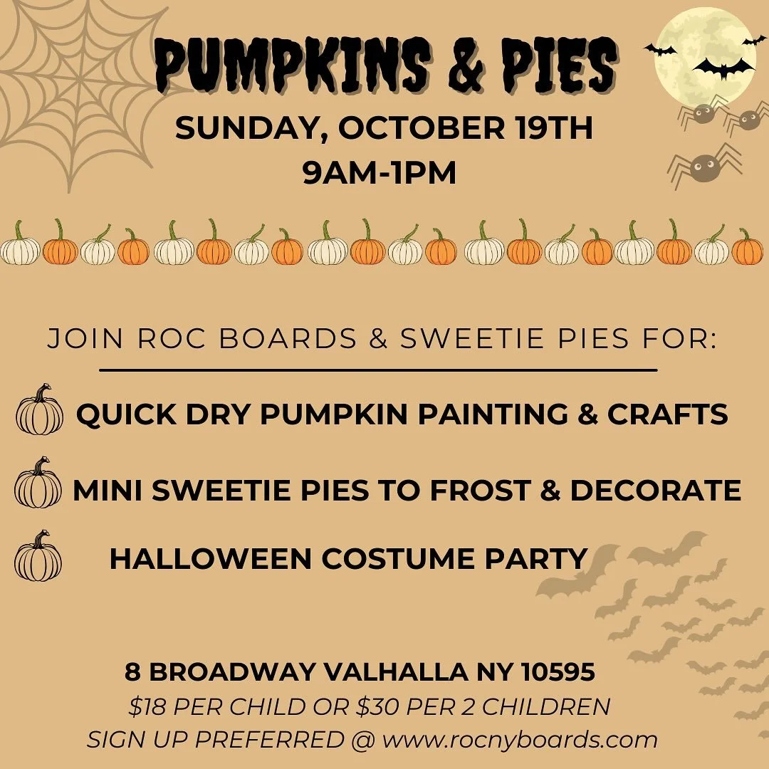 PUMPKINS &amp; PIES @ ROC BOARDS! 🎃🥧

A Halloween party is happening at the shop with one of our fave pop up partners @sweetiepies_ny ! 

Grab the family for some fun on Sunday, October 19th and sign up on our website www.rocnyboards.com