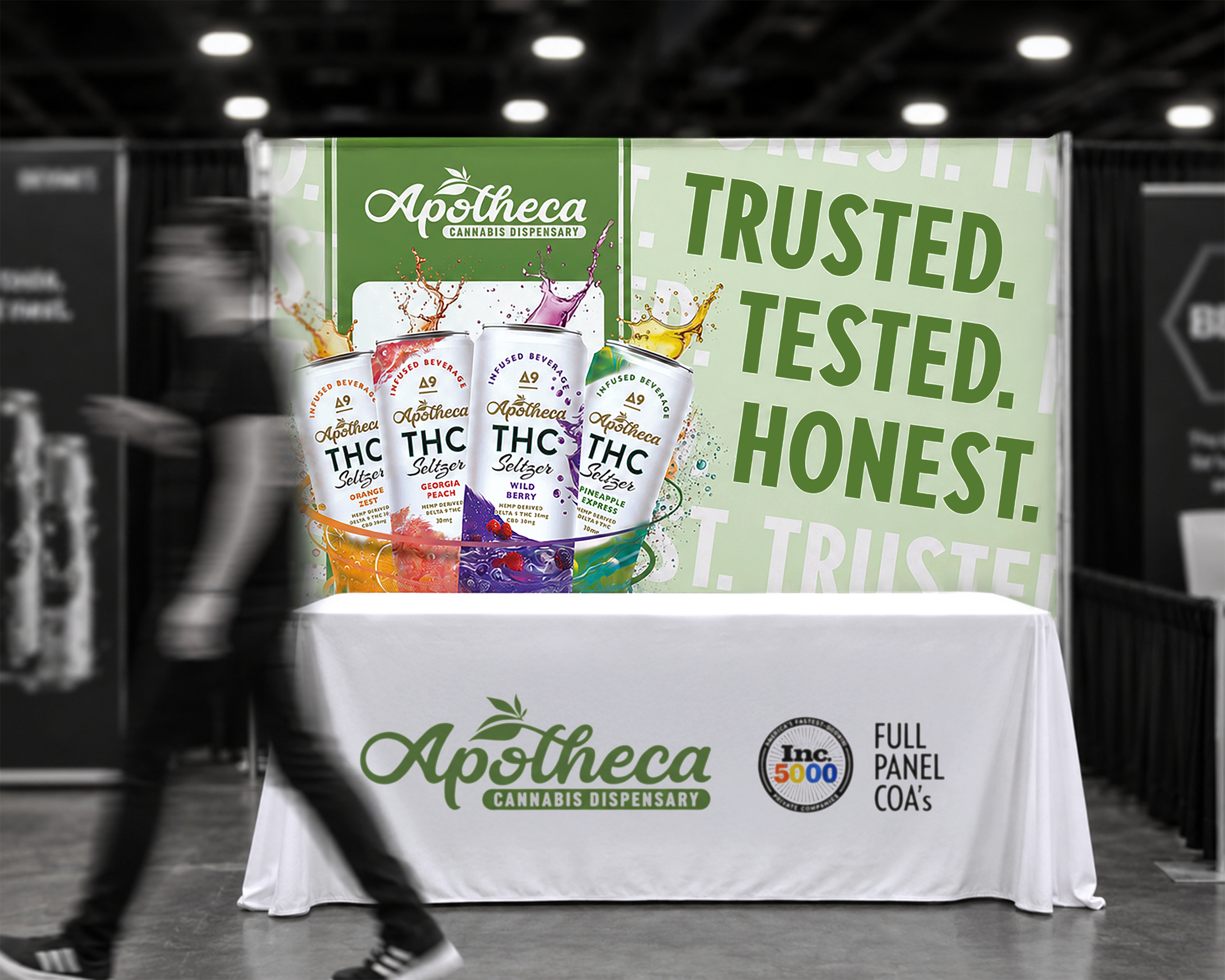 Apotheca trade show display featuring THC seltzers and branded signage.
