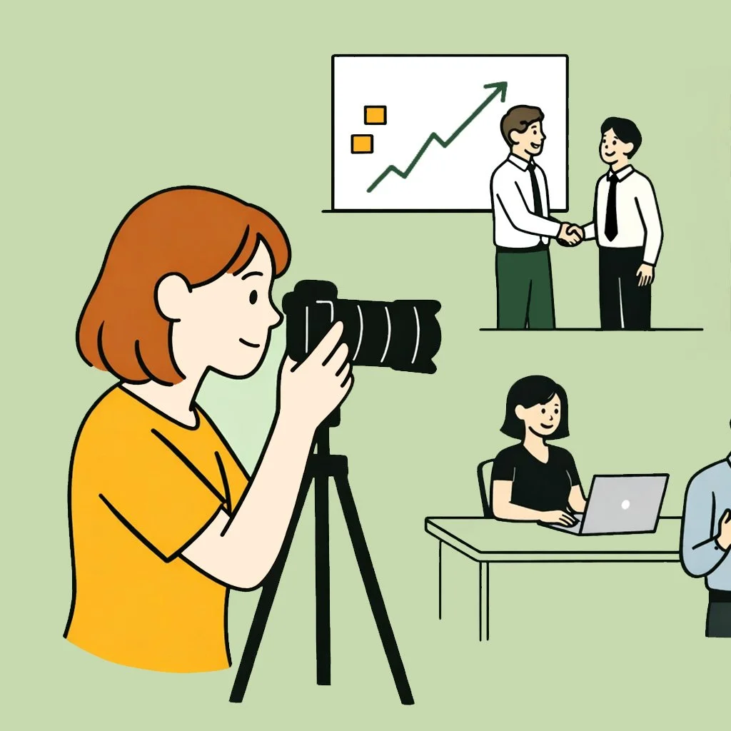 A female photographer capturing an office space with a woman on a laptop at her desk, and two men shaking hands in front of a white board.