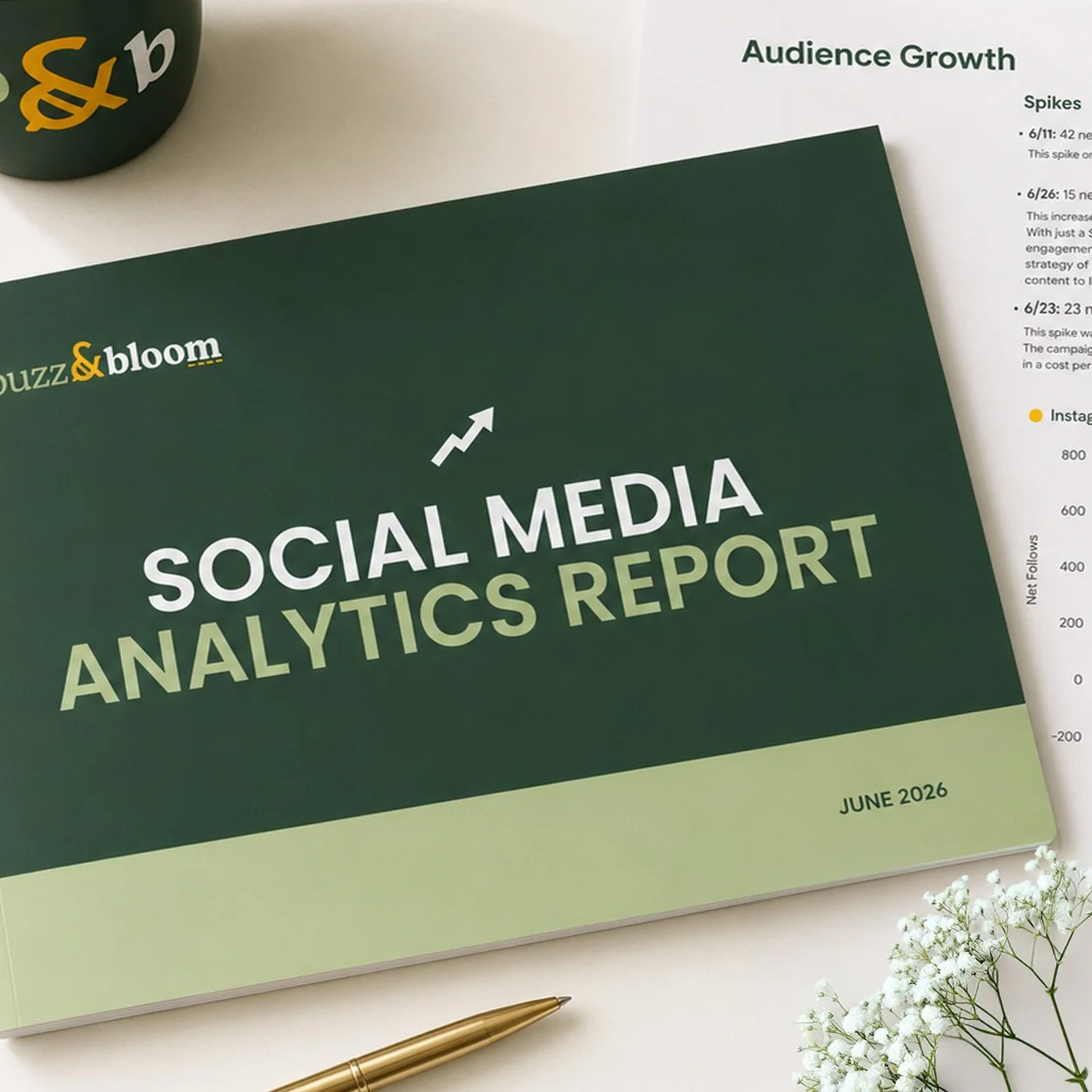 A bound, green booklet that says "Social Media Analytics Report" with a page behind it that highlights audience growth