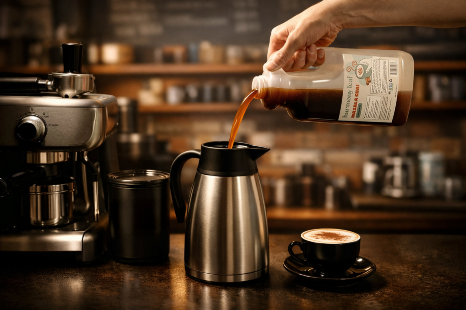 A hand pours liquid coffee from a bottle into a stainless steel thermal carafe on a dark wooden counter, with a cup of frothy coffee topped with cinnamon nearby, in a cozy coffee shop setting.