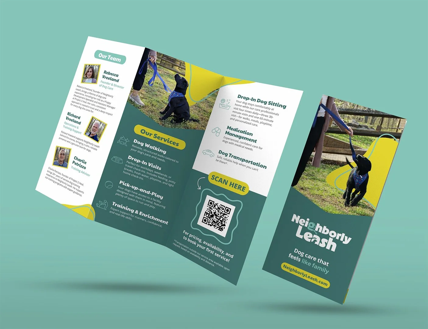 Tri-fold brochure for Neighborly Leash dog care service featuring images of a dog on a leash, smiling team members, and details about services like dog walking, drop-in visits, medication management, and transportation.
