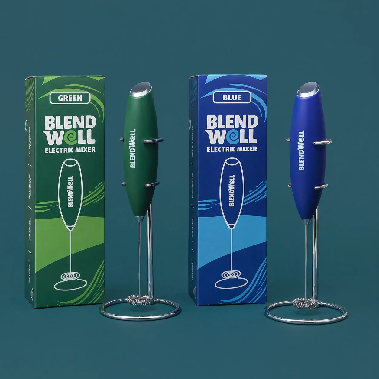 A rainbow lineup of electric mixer boxes for the brand BlendWell