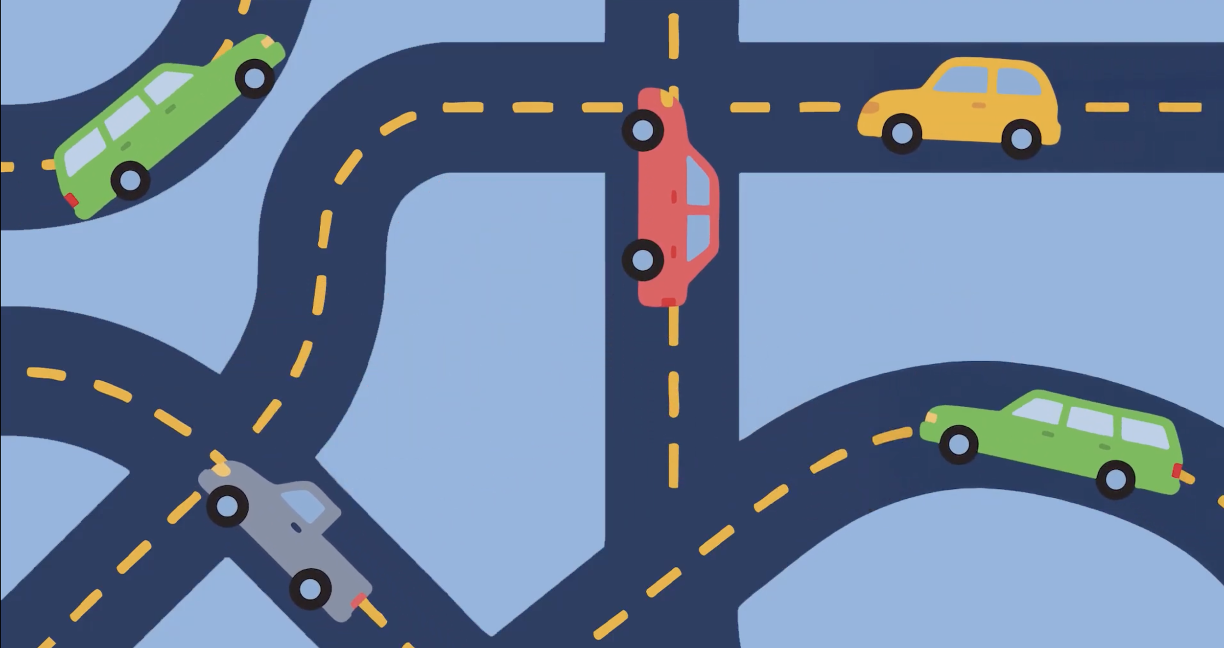 A colorful digital illustration of an urban city street with tall buildings, trees lining the sidewalks, and a clear blue sky.