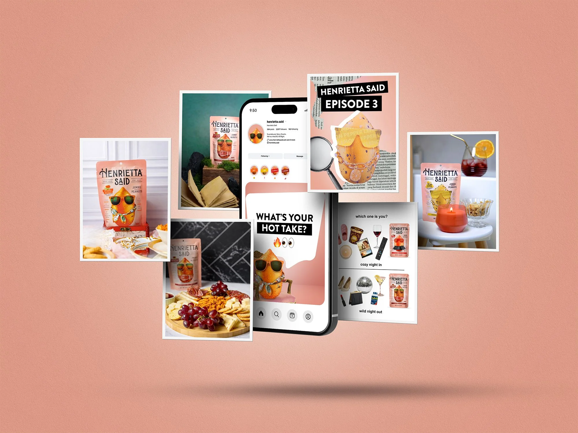 Collage of promotional images for Henrietta Said snacks, including packaging, social media posts, and snack photos like cheese, grapes, and drinks, against a pink background.