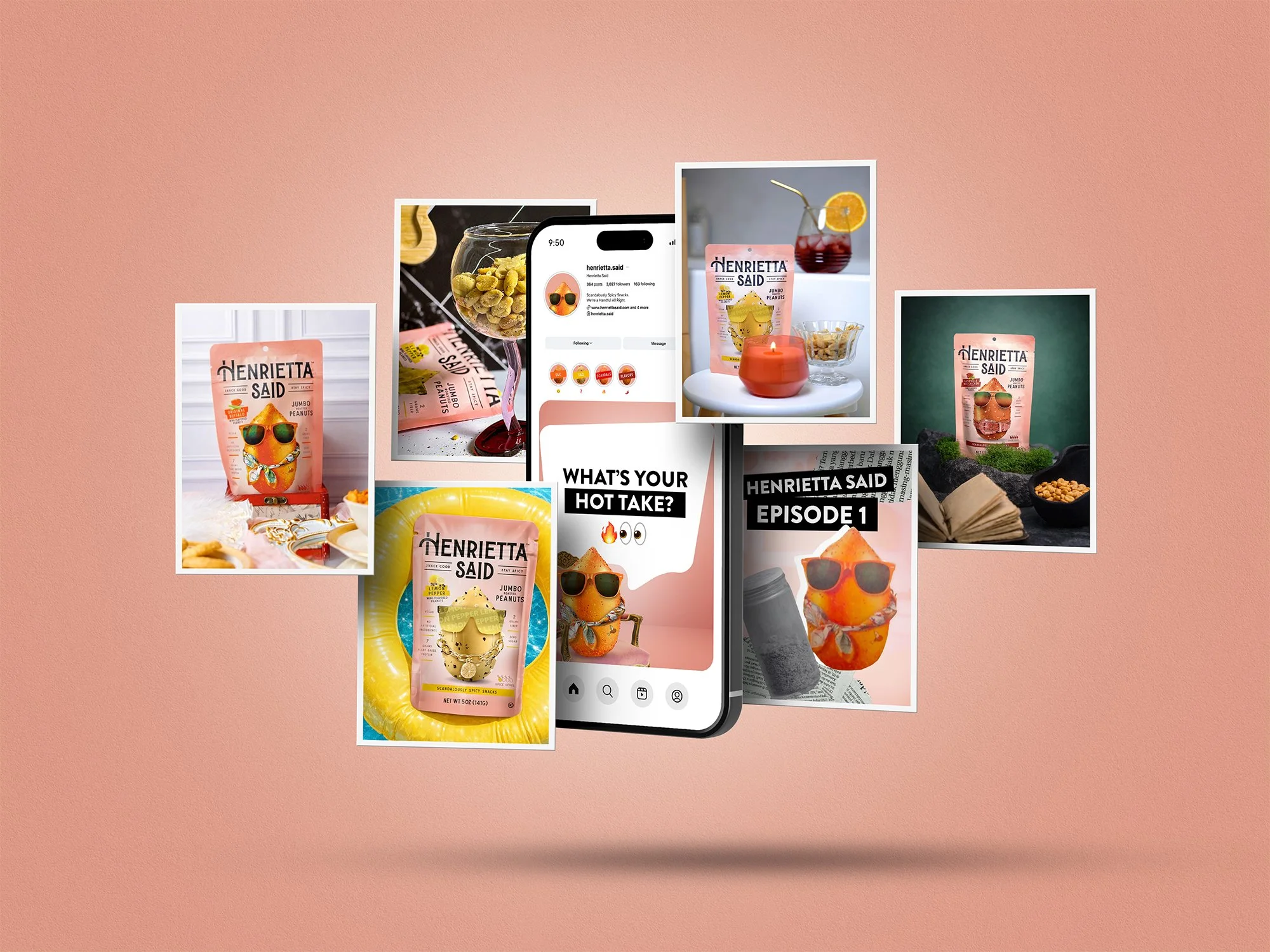 A collage of photos and a smartphone screen featuring Henrietta Said snack packages, food items, and beverages on a pink background.