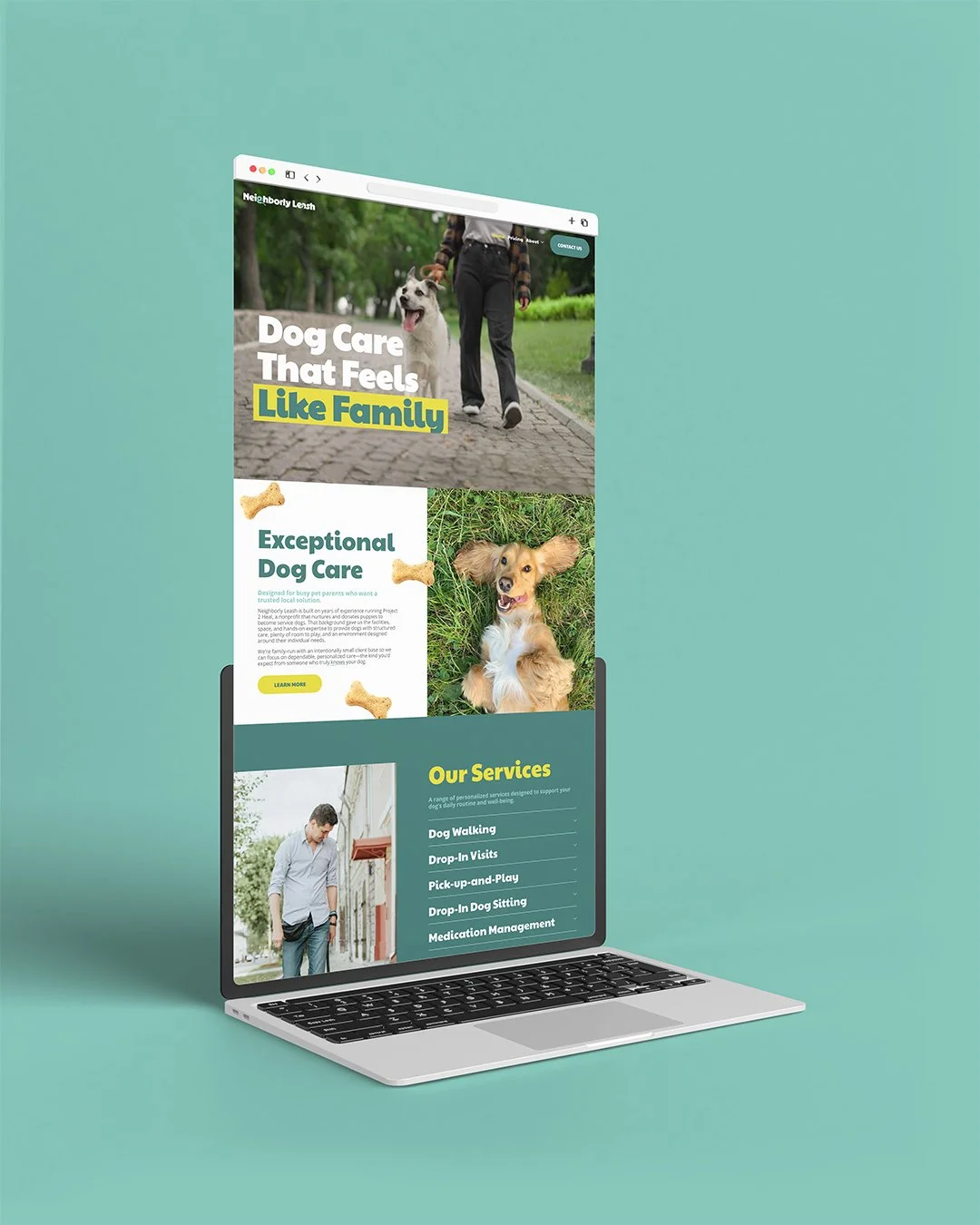 A colorful webpage for Neighborly Leash with pictures of dogs and a list of their dog care services