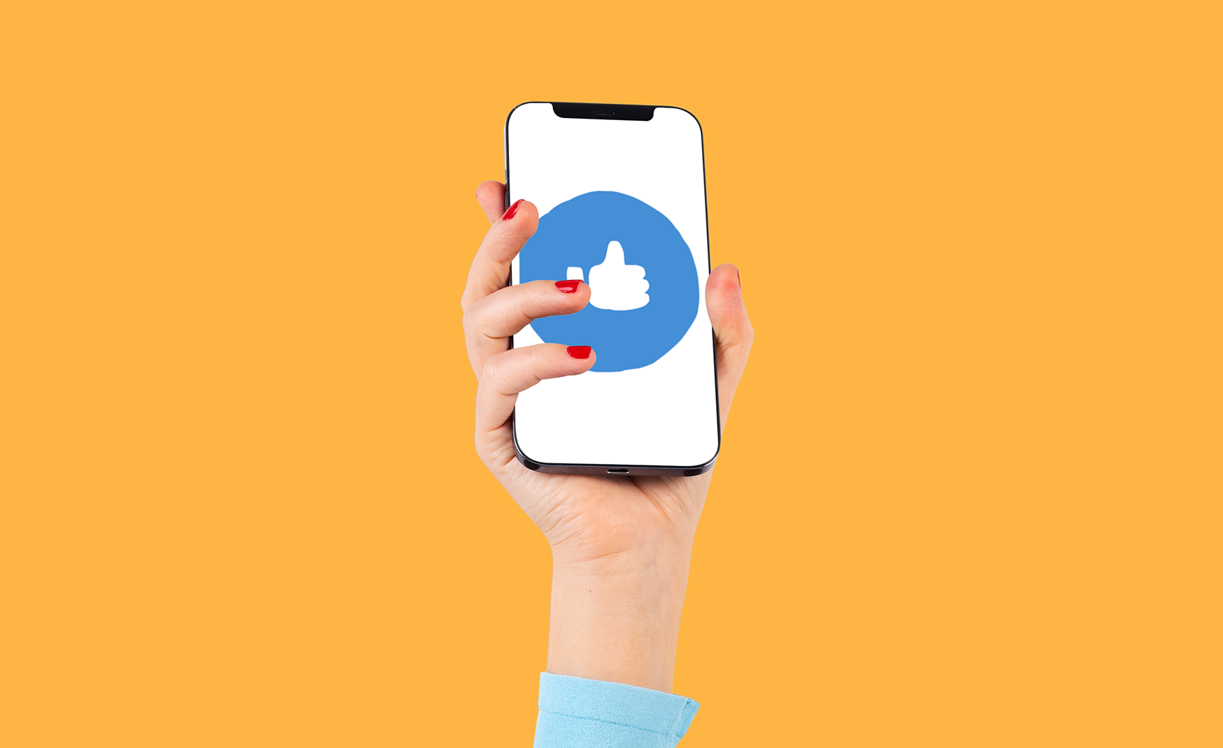 Hand with painted, red nails holding up a cellphone with a like reaction in the middle of the screen on a yellow background.