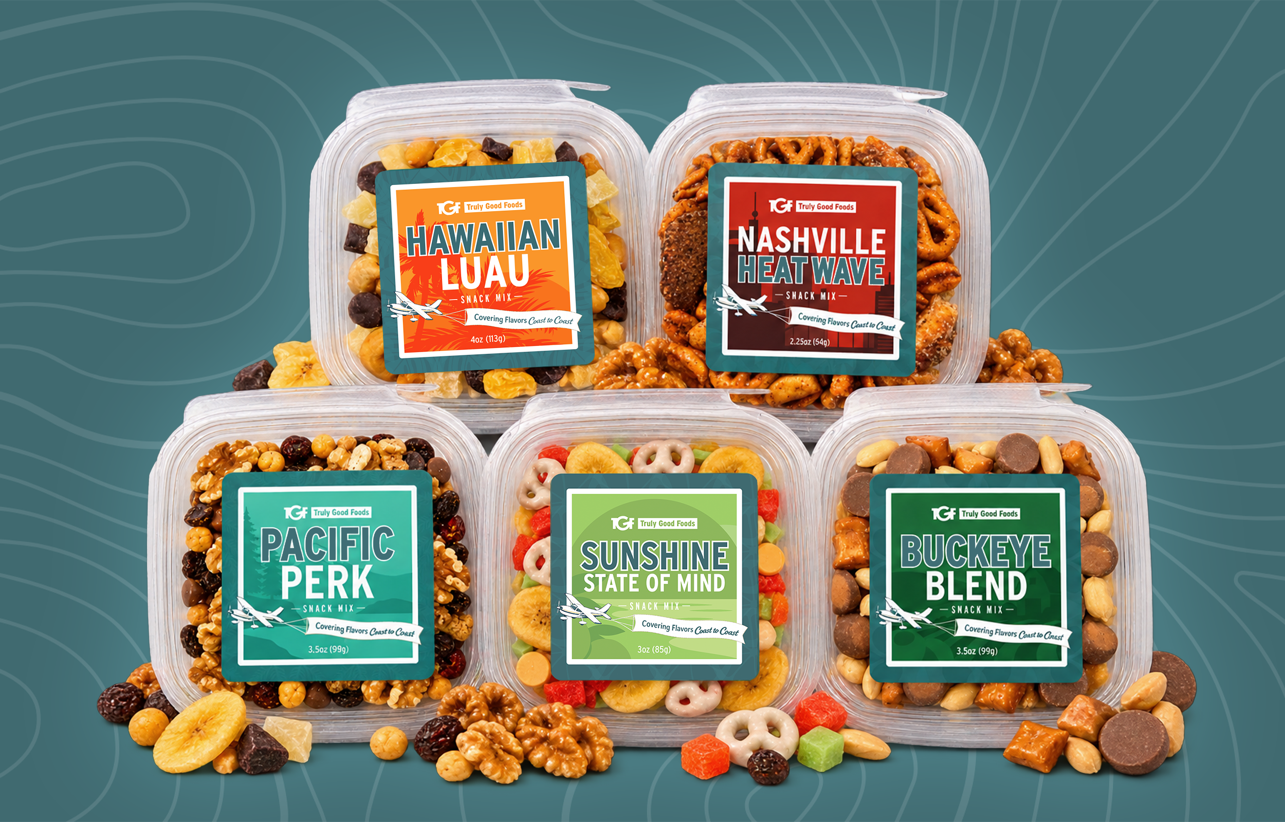 A vibrant stack of snack mix packaging on a dark, map-inspired background.