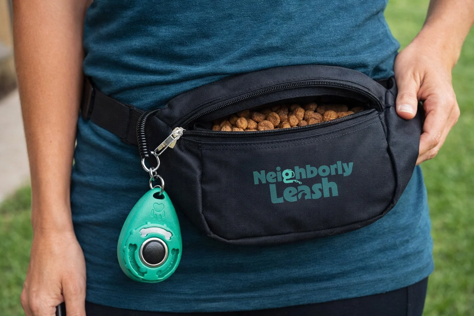 Dog walker wearing a treat pouch with Neighborly Leash logo and dog clicker, filled with dog treats