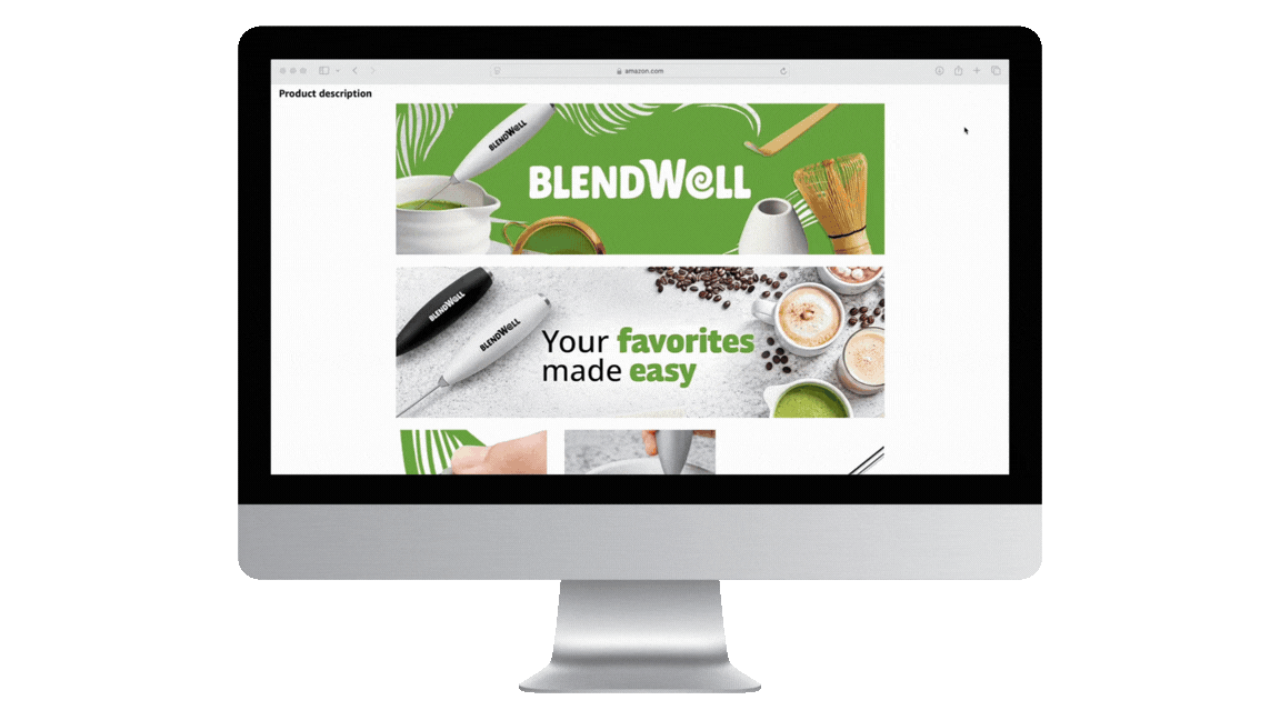Computer screen displaying an Amazon product page for BlendWell, with text "Your favorites made easy" and images of blending tools, coffee, and green smoothies.