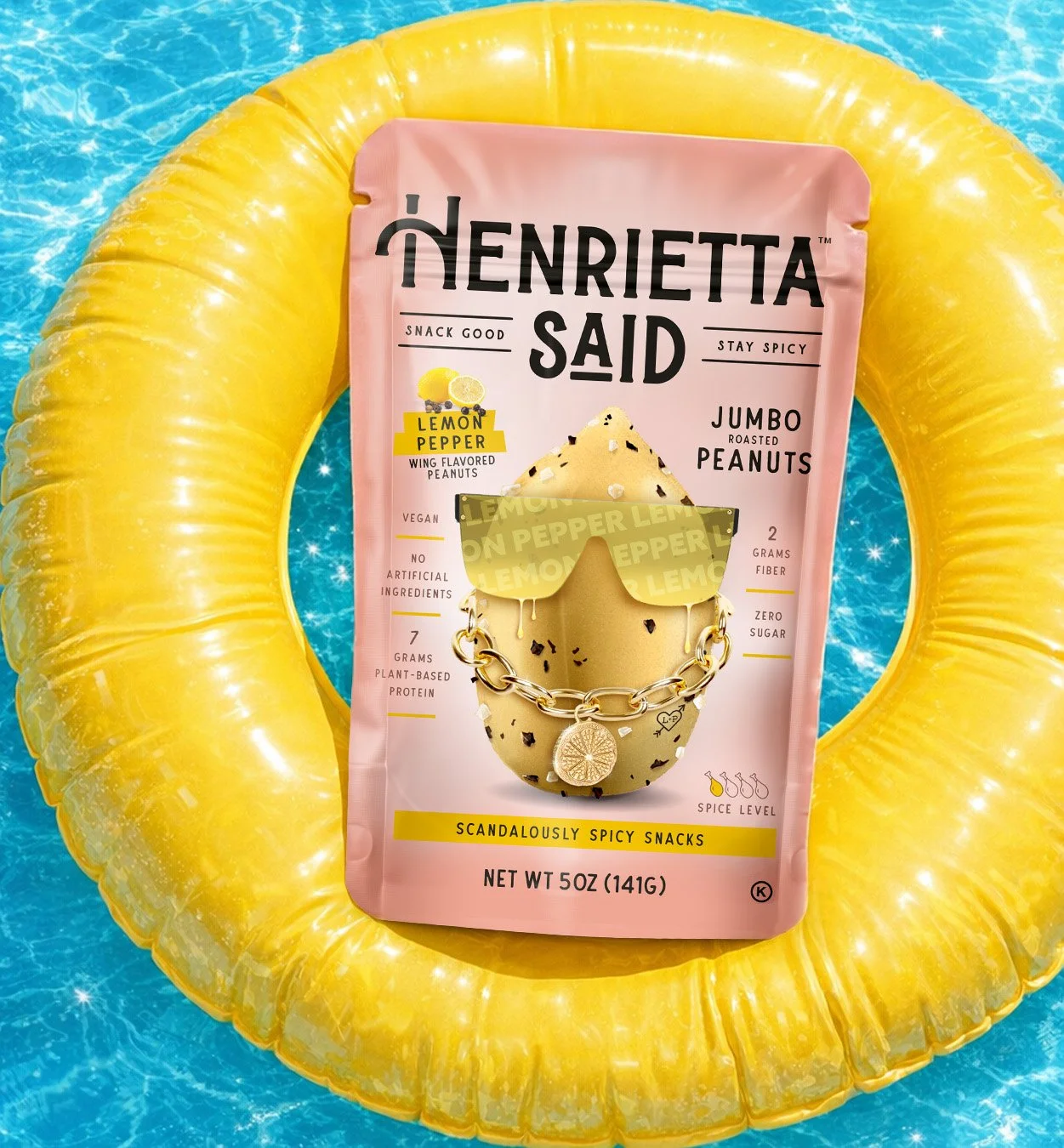 Bag of spicy peanuts in a miniature, hot pink float on water in a rainbow-colored kiddie pool.