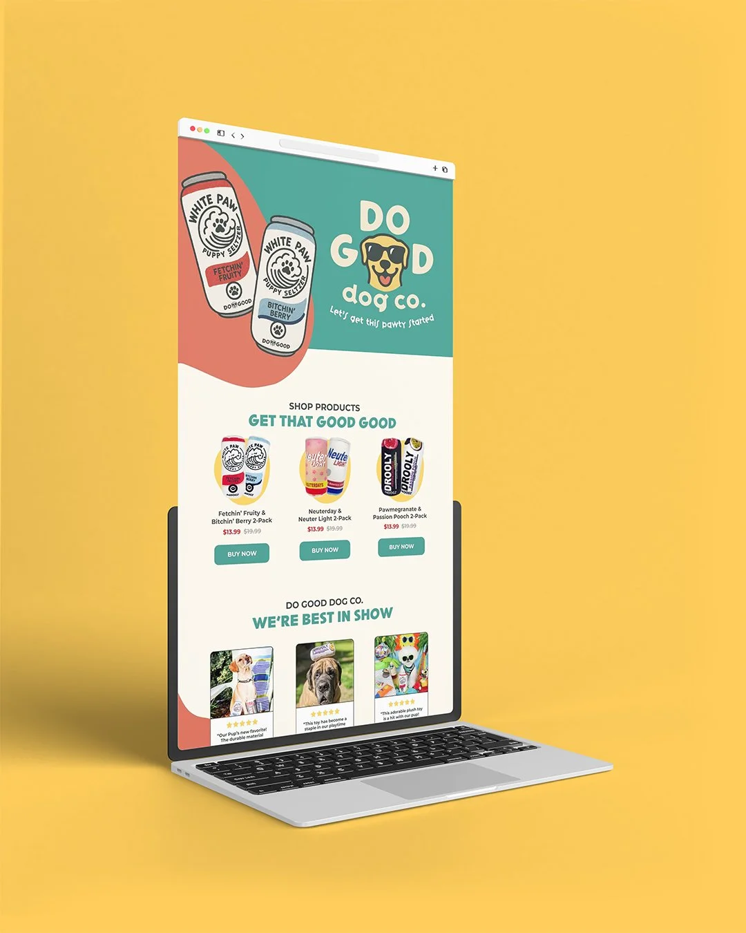 A laptop displaying a website for Do Good Dog Co., featuring various dog-themed products, colorful packaging, and a cheerful yellow background.