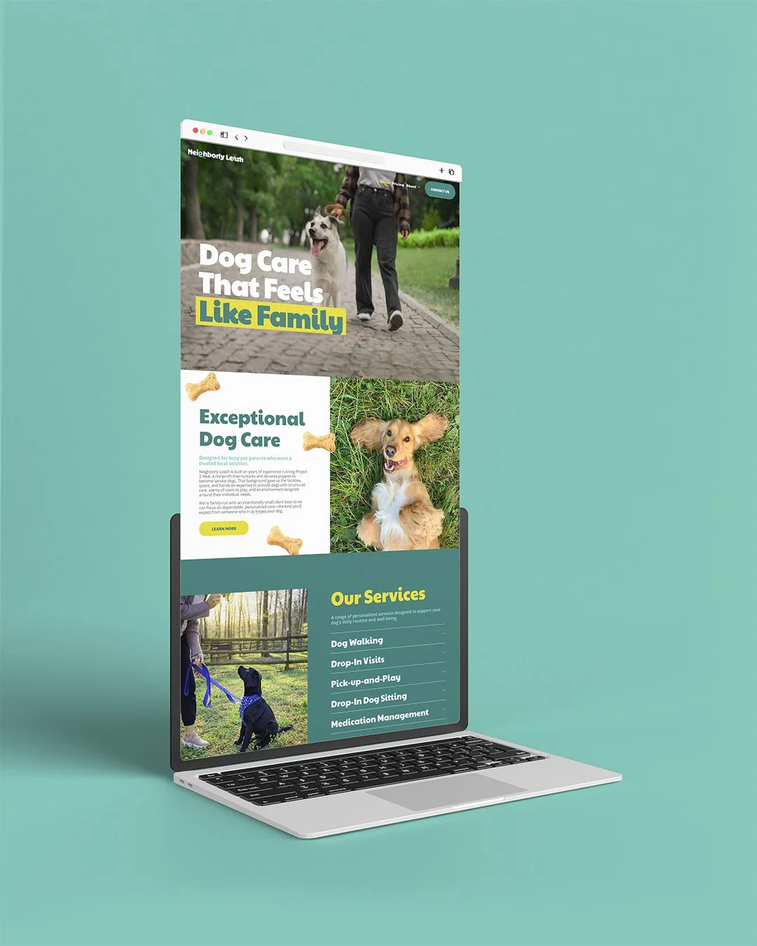 Laptop displaying a dog care website with images of dogs and services offered.